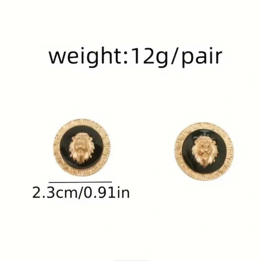Lion Head White Enamel Gold Tone Stud Earrings Medallion Style NWT